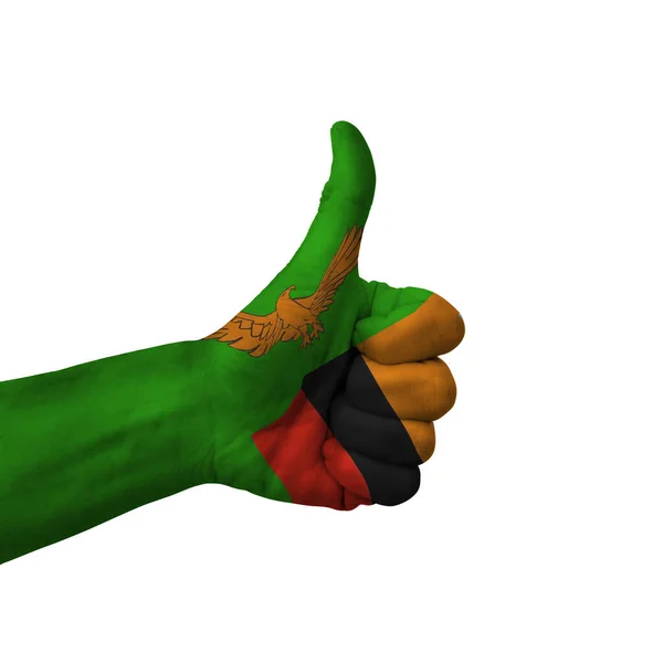 Hand Making Thumbs Sign Zambia Painted Flag Symbol Thumbs Okay — 스톡 사진