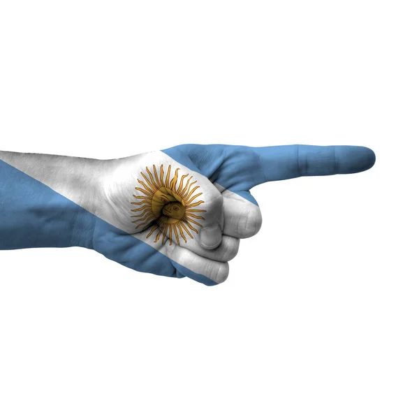 Hand Pointing Right Side Argentina Painted Flag Symbol Right Direction — Fotografia de Stock