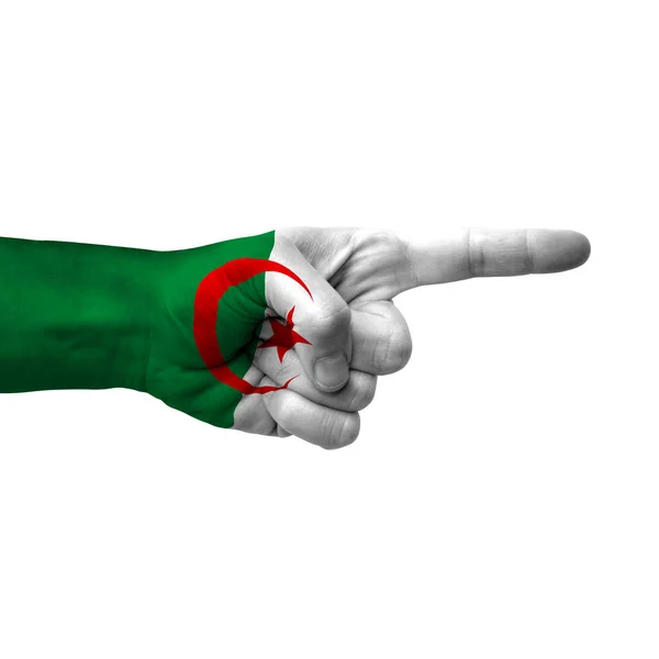 Hand Pointing Right Side Algeria Painted Flag Symbol Right Direction — Φωτογραφία Αρχείου