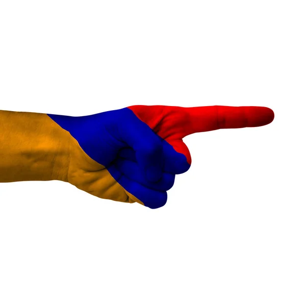 右側を指差す手 右方向の象徴として旗で描かれたアルメニア 白い背景に孤立 — ストック写真