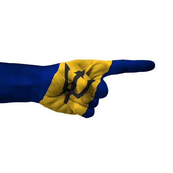 Hand Pointing Right Side Barbados Painted Flag Symbol Right Direction — Stockfoto