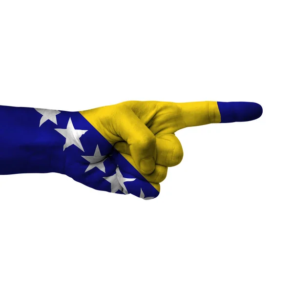 Hand Zeigt Nach Rechts Bosnien Und Herzegowina Bemalt Mit Flagge — Stockfoto