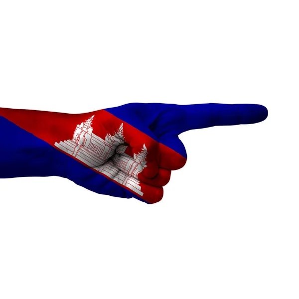 Hand Pointing Right Side Cambodia Painted Flag Symbol Right Direction — Photo