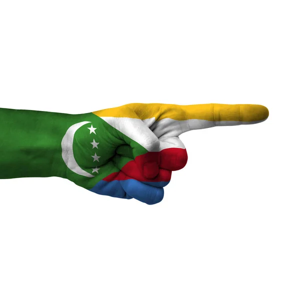 Hand Pointing Right Side Comoros Painted Flag Symbol Right Direction — Stock fotografie