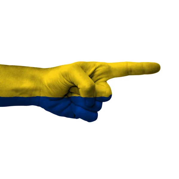 Hand Pointing Right Side Colombia Painted Flag Symbol Right Direction — Stock Photo, Image