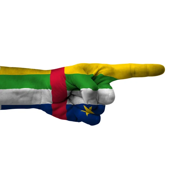 Hand Pointing Right Side Central African Republic Painted Flag Symbol — Foto Stock