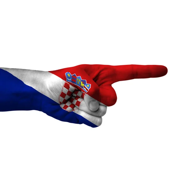 Hand Pointing Right Side Croatia Painted Flag Symbol Right Direction — стоковое фото