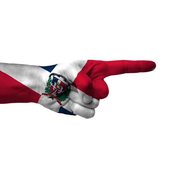Hand Pointing Right Side Dominican Republic Painted Flag Symbol Right — стоковое фото