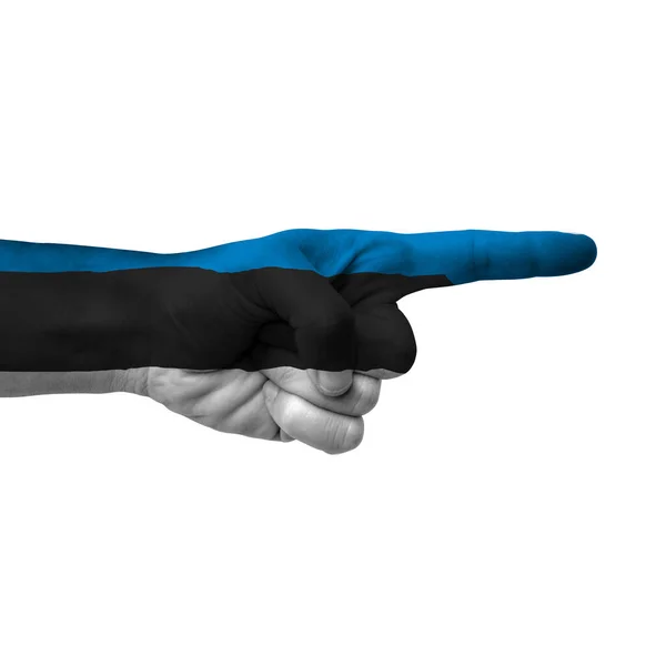 Hand Pointing Right Side Estonia Painted Flag Symbol Right Direction — Stok Foto