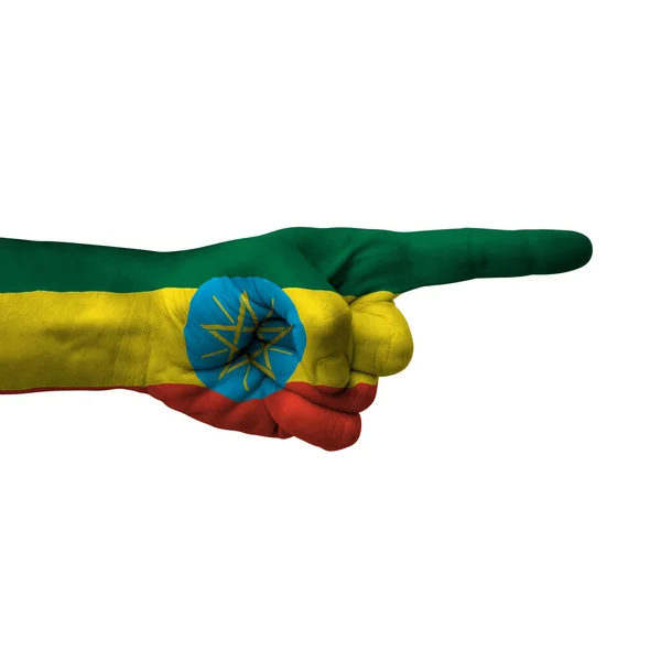 Hand Pointing Right Side Ethiopia Painted Flag Symbol Right Direction — Stok fotoğraf