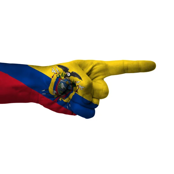 Hand Pointing Right Side Ecuador Painted Flag Symbol Right Direction — 图库照片