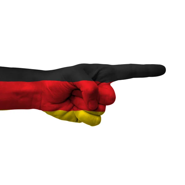 Hand Zeigt Nach Rechts Deutschland Mit Flagge Als Symbol Der — Stockfoto