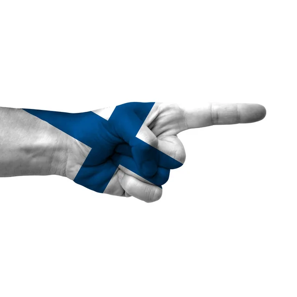 Ruční Ukazování Vpravo Finland Malovaný Vlajkou Jako Symbol Správného Směru — Stock fotografie