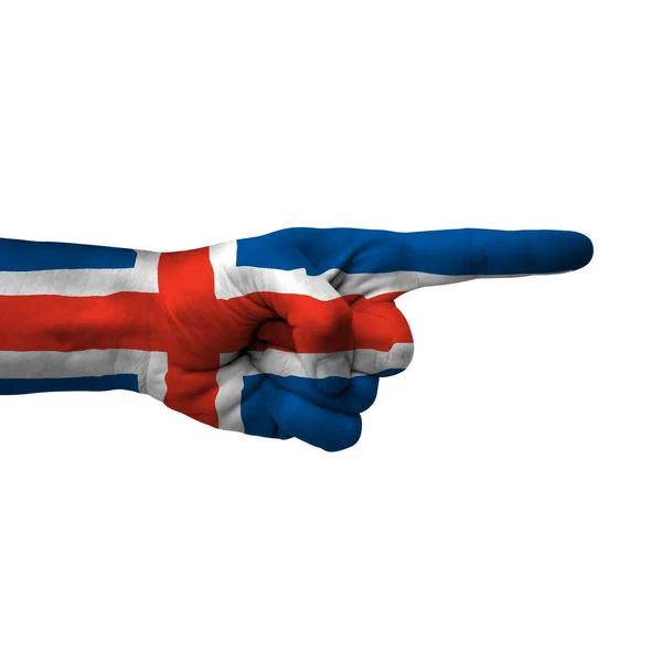 Hand Pointing Right Side Iceland Painted Flag Symbol Right Direction — Stock fotografie