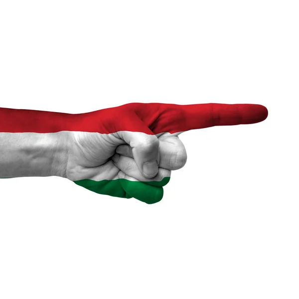 Mano Apuntando Hacia Lado Derecho Hungaria Pintada Con Bandera Como —  Fotos de Stock