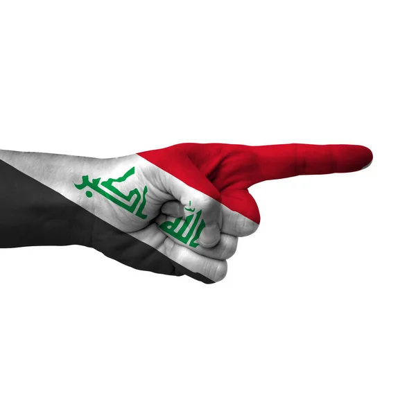Hand Pointing Right Side Iraq Painted Flag Symbol Right Direction — Stockfoto