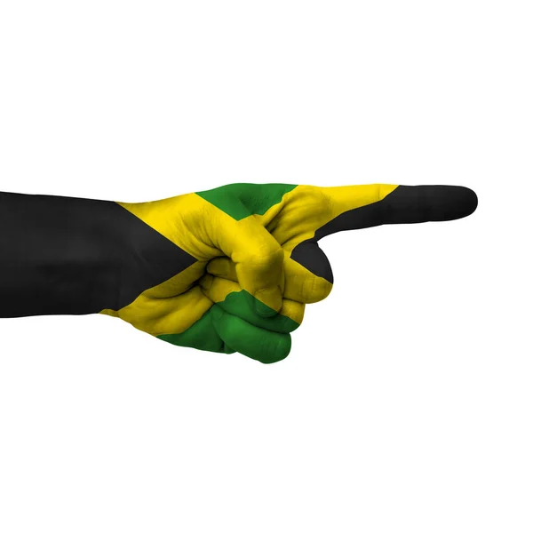 Hand Pointing Right Side Jamaica Painted Flag Symbol Right Direction — Stock Photo, Image