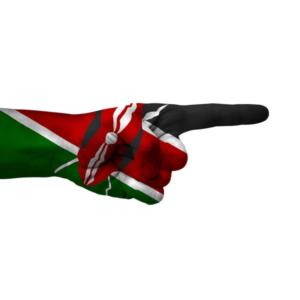 Hand Pointing Right Side Kenya Painted Flag Symbol Right Direction — Stock Photo, Image