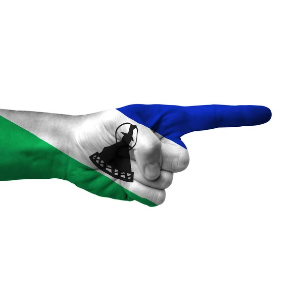Hand Pointing Right Side Lesotho Painted Flag Symbol Right Direction — Zdjęcie stockowe