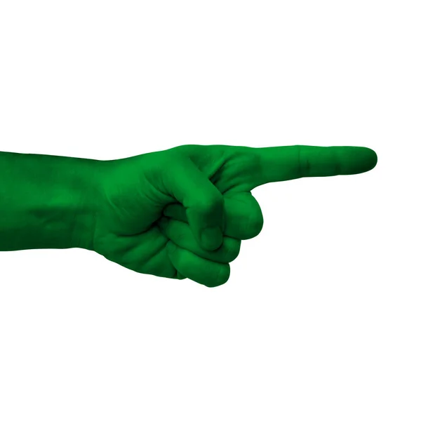 Hand Pointing Right Side Libya Painted Flag Symbol Right Direction — Stok Foto