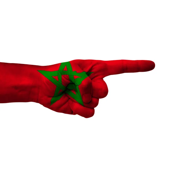 Hand Pointing Right Side Morocco Painted Flag Symbol Right Direction — Stock Photo, Image