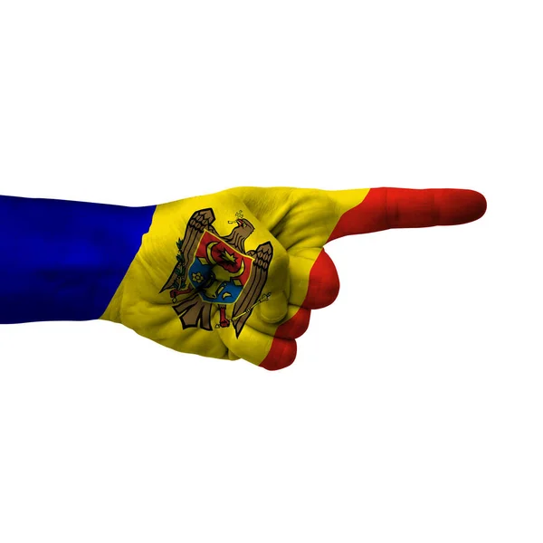 Hand Pointing Right Side Moldova Painted Flag Symbol Right Direction — Stock Photo, Image