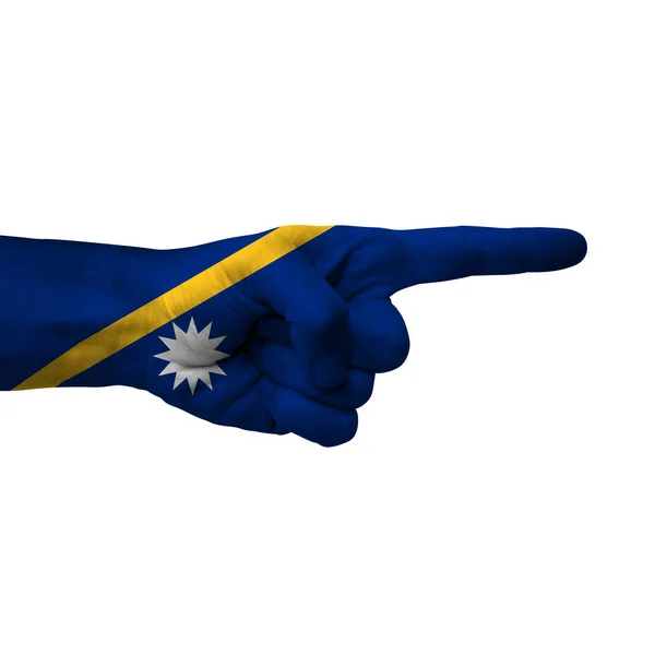 Hand Pointing Right Side Nauru Painted Flag Symbol Right Direction — Stock Photo, Image