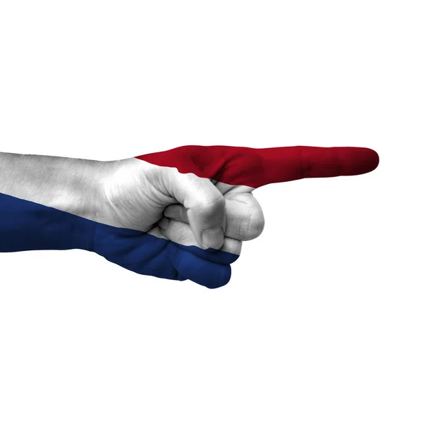 Hand Pointing Right Side Netherlands Painted Flag Symbol Right Direction — стоковое фото