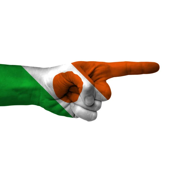 Hand Pointing Right Side Niger Painted Flag Symbol Right Direction — Stockfoto