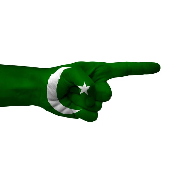 Hand Pointing Right Side Pakistan Painted Flag Symbol Right Direction — стоковое фото