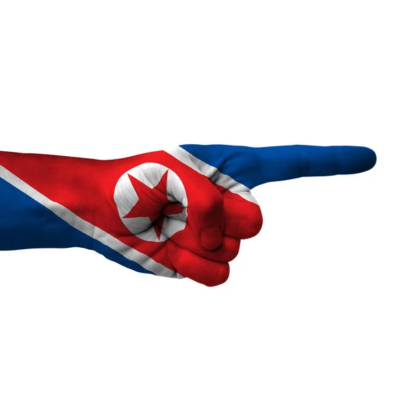 Hand Pointing Right Side North Korea Painted Flag Symbol Right — Fotografia de Stock