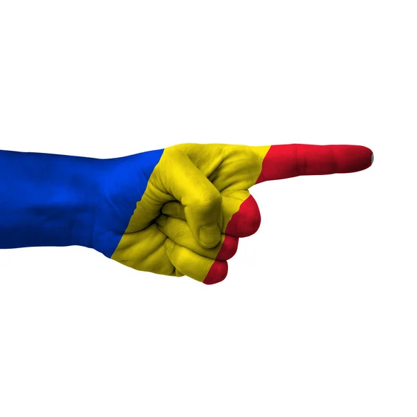 Hand Pointing Right Side Romania Painted Flag Symbol Right Direction — стокове фото