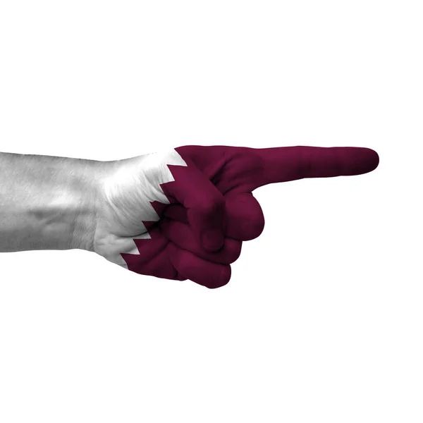 Hand Pointing Right Side Qatar Painted Flag Symbol Right Direction — Stok Foto