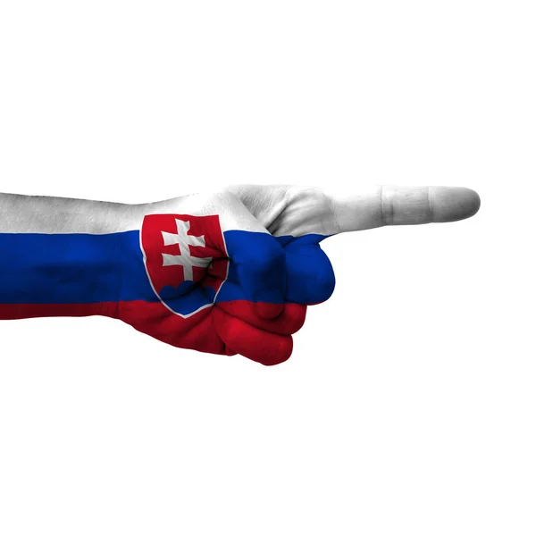 Hand Pointing Right Side Slovakia Painted Flag Symbol Right Direction — Zdjęcie stockowe