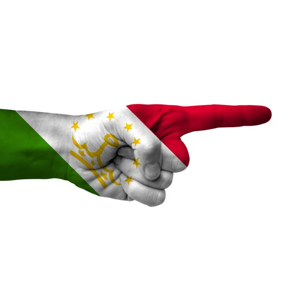 Рука Указывающая Правую Сторону Таджикистан Выкрашенный Флагом Символ Правильного Направления — стоковое фото