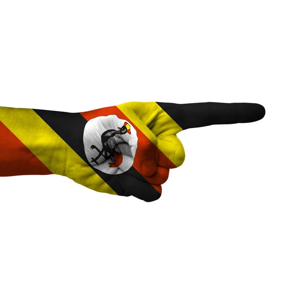 Hand Pointing Right Side Uganda Painted Flag Symbol Right Direction — Stock Photo, Image