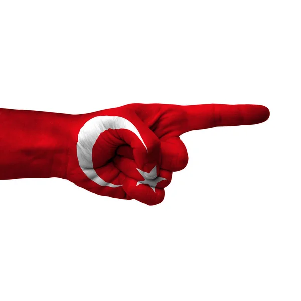 Hand Pointing Right Side Turkey Painted Flag Symbol Right Direction — Stock Photo, Image