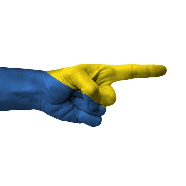 Hand Pointing Right Side Ukraine Painted Flag Symbol Right Direction — Stock Photo, Image