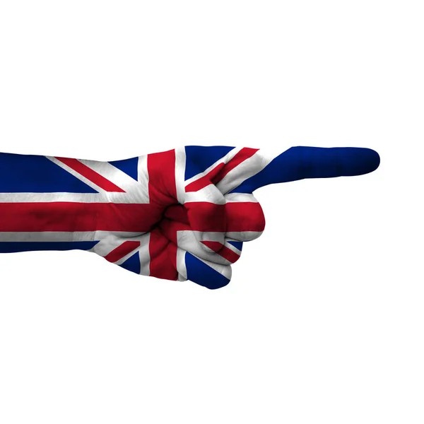 Hand pointing right side, united kingdom painted with flag as symbol of right direction, forward - isolated on white background