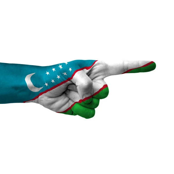Hand Pointing Right Side Uzbekistan Painted Flag Symbol Right Direction — Foto Stock