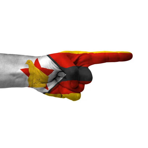 Hand Pointing Right Side Zimbabwe Painted Flag Symbol Right Direction — Stockfoto