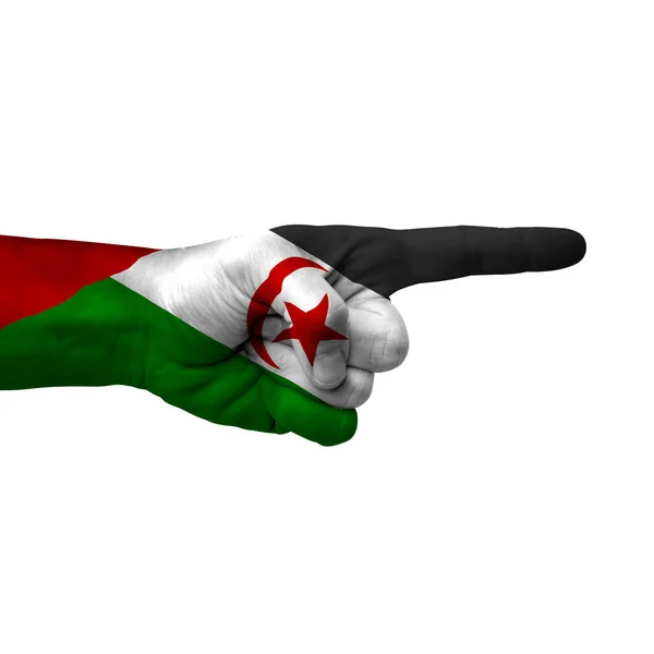 Χέρι Δείχνει Δεξιά Πλευρά Δυτική Σαχάρα Ζωγραφισμένα Σημαία Σύμβολο Της — Φωτογραφία Αρχείου