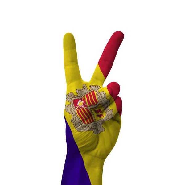 Hand Maken Overwinning Teken Andorra Geschilderd Met Vlag Als Symbool — Stockfoto