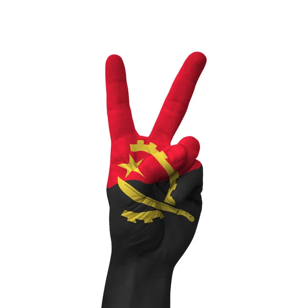 Hand Making Victory Sign Angola Painted Flag Symbol Victory Win — Stock Photo, Image
