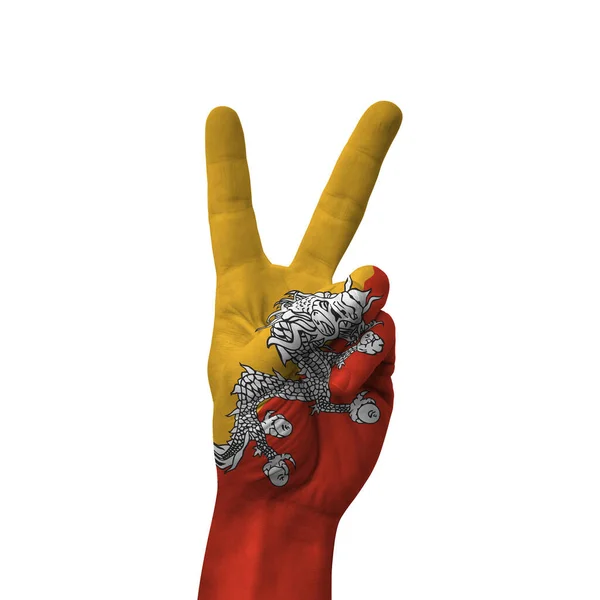 Hand Making Victory Sign Bhutan Painted Flag Symbol Victory Win — Stockfoto