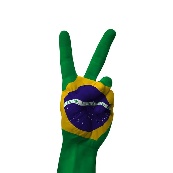 Hand Making Victory Sign Brazil Painted Flag Symbol Victory Win — Zdjęcie stockowe