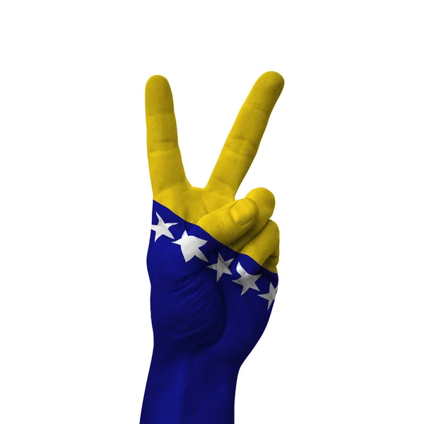 Hand Making Victory Sign Bosnia Herzegovina Painted Flag Symbol Victory — Zdjęcie stockowe