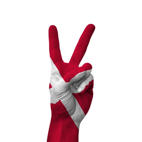 Hand Making Victory Sign Denmark Painted Flag Symbol Victory Win — Stockfoto