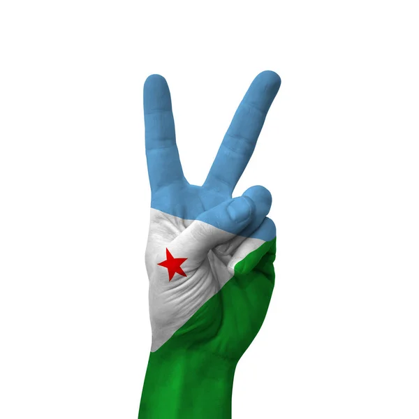 Hand Making Victory Sign Djibouti Painted Flag Symbol Victory Win — Stock Photo, Image