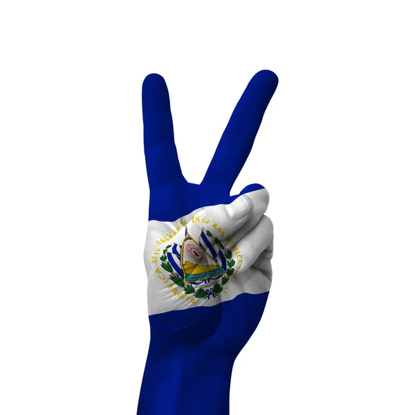 Hand Making Victory Sign Salvador Painted Flag Symbol Victory Win — Fotografia de Stock